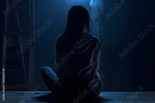 silhouette of a women in depress with dark gloomy light. Content created with generative AI software