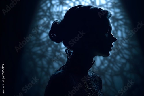 silhouette of a women in depress with dark gloomy light. Content created with generative AI software