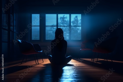 silhouette of a women in depress with dark gloomy light. Content created with generative AI software