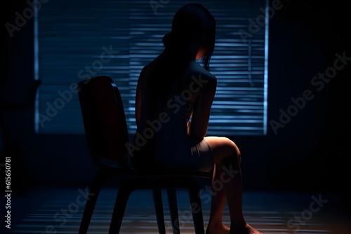 silhouette of a women in depress with dark gloomy light. Content created with generative AI software