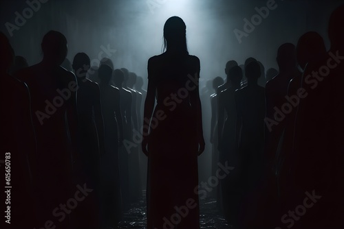 silhouette of a women in depress with dark gloomy light. Content created with generative AI software
