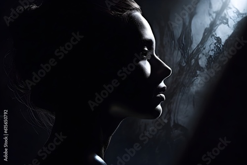 silhouette of a women in depress with dark gloomy light. Content created with generative AI software