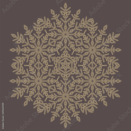 Round vector snowflake. Abstract winter brown and yellow ornament. Pattern with snowflake