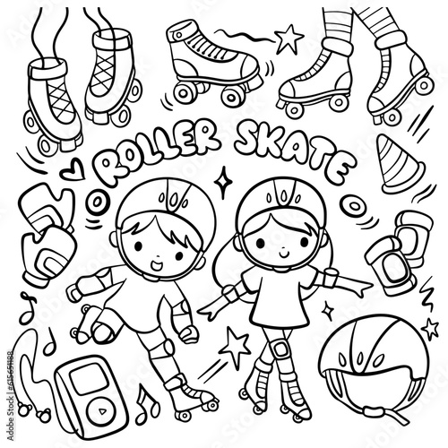 hand drawn cartoon kids playing roller skate