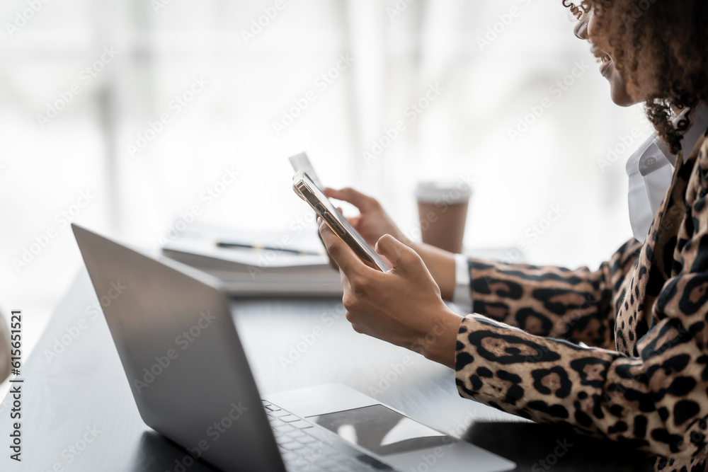 Fototapeta premium African American Business woman hard working, debtor, deferred debt, Times Interest Earned, Subsidiary Ledger, Special Journal, Shareholders Equity, Scrap value, Price Index, Profitability Ratios