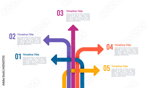 Infographic 5 arrow options overlapping. Crossroads 5 options. Vector illustration. photo
