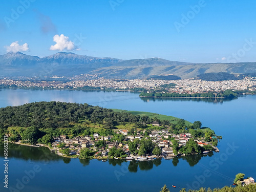 ioannina or giannena city panorama lake pamvotis in spring season greece photo