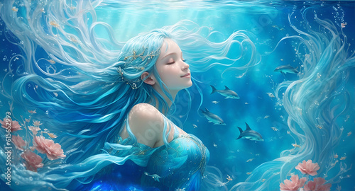 the blue aquarius mermaid in the deep ocean, incredibly beautiful, AI generated