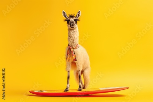 llama on the surfboard on yellow background, Generative AI
