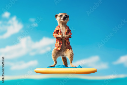 meerkat on the surfboard on blue sky background, Generative AI © gankevstock