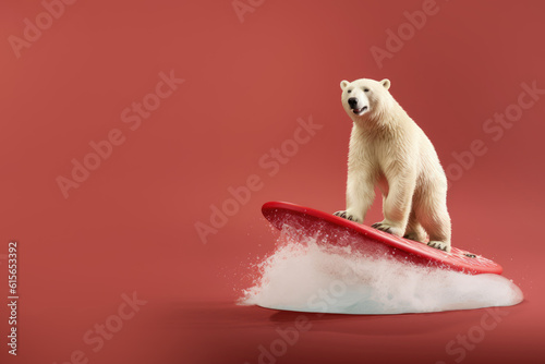 polar bear on the surfboard on red background, Generative AI