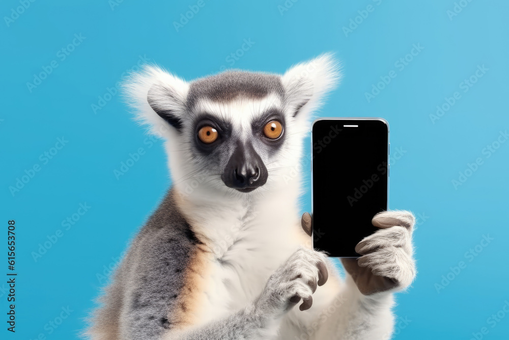 lemur with smartphone on blue background, Generative AI