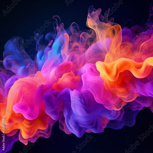 Floating colorful liquid with smoke on black background. Created using generative AI 