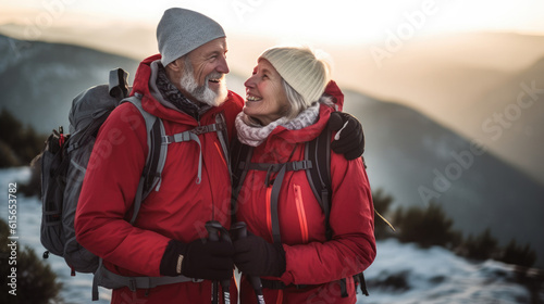 The senior couple in the winter mountains