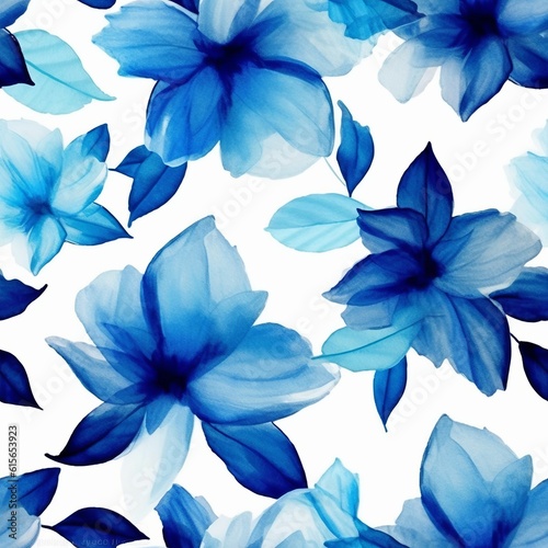 Seamless Pattern of Blue Flowers Painted Using Watercolor. Created With Generative AI Technology