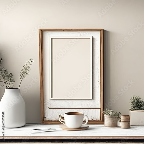 Interior of a room with a photo picture frame and  put the cup on the table, A pot is placed on the table © Tilak