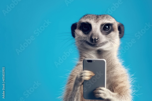meerkat with smartphone on blue background, Generative AI