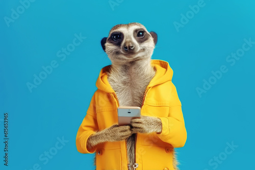 meerkat with smartphone on blue background, Generative AI photo