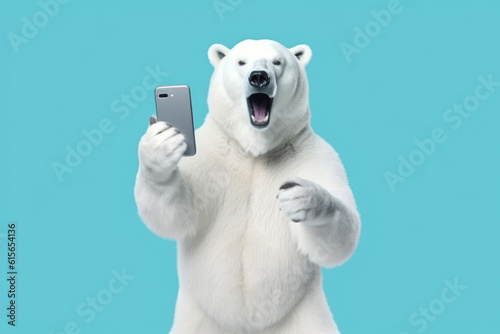 polar bear with smartphone on blue background, Generative AI © gankevstock