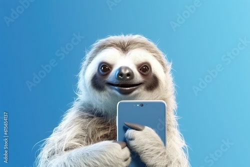 sloth with smartphone on blue background, Generative AI photo