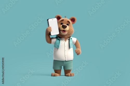 teddy bear with smartphone on blue background, Generative AI