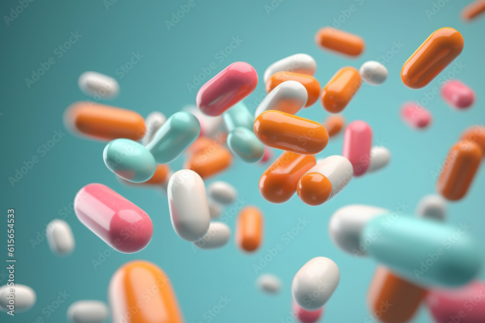 Pharmacy and medicine, antidepressant and vitamin concept. Group of pills and medicine capsules flying. Close-up of painkillers in motion dynamics