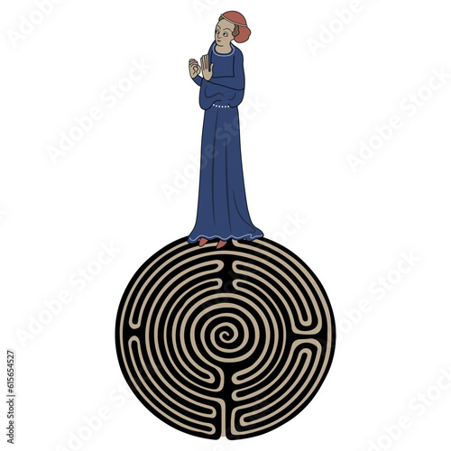 Medieval lady standing on top of a round spiral maze or labyrinth symbol. Ariadne. Isolated vector illustration. photo