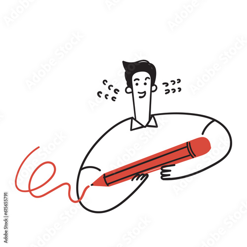 hand drawn doodle man holding big pencil illustration