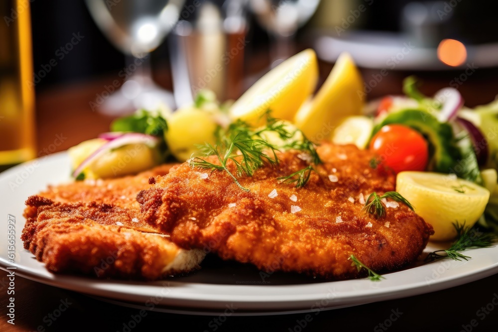 Schnitzel with potatoes and vegetables. Generative AI Schnitzel with potatoes and vegetables. Generative AI