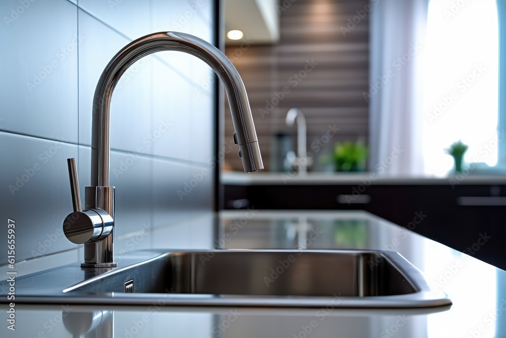 Modern tap faucet and sink on new kitchen. Generative A Modern tap faucet and sink on new kitchen. Generative A