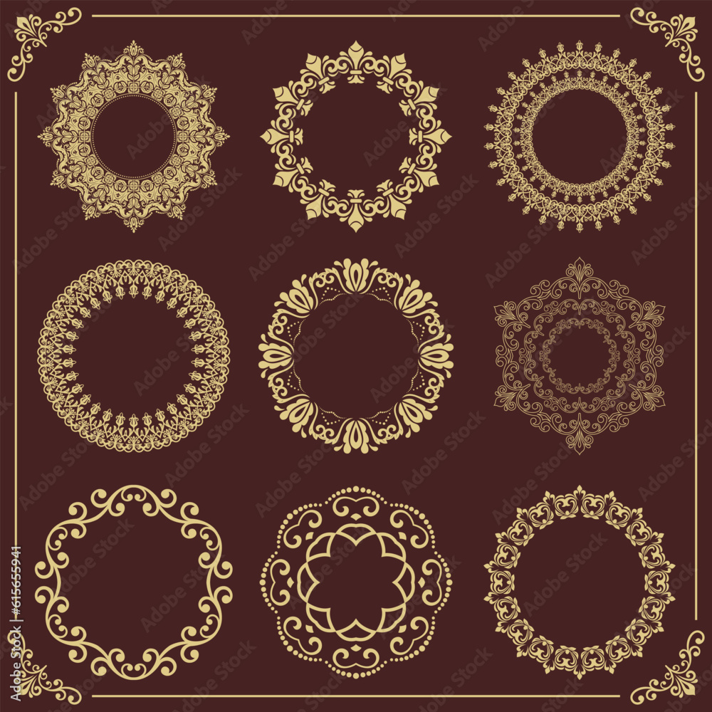 Vintage set of vector round elements. Golden elements for design frames ...