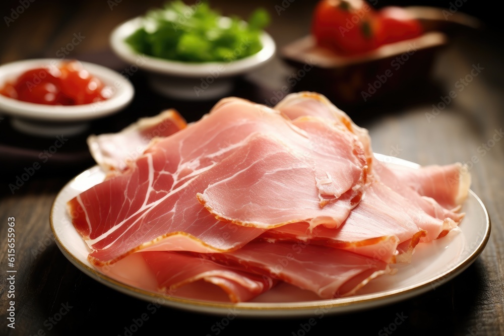 Sliced Parma ham in dish. Generative AI