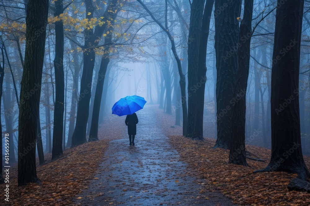 Woman under blue umbrella walks in the park on a foggy day. Generative AI