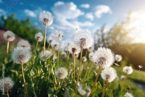 Lot of dandelions close-up on nature in spring. Generative AI