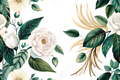 Nature's Elegance Watercolor Seamless Border with Green Gold Leaves, White Flowers, Roses, Peonies, and Branches for Wedding Stationery, Greetings, Wallpapers, Fashion, Backgrounds, Wrappers, and Card © Asiri