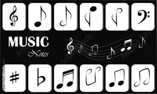 Music notes flat vector set isolated on black background. Song, melody or tune vector illustration. Music note icon for musical apps and websites. Music symbol. Music pentagram.