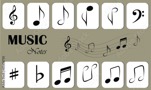 Music notes flat vector set isolated. Song, melody or tune vector illustration. Music note icon for musical apps and websites. Music symbol. Music pentagram.