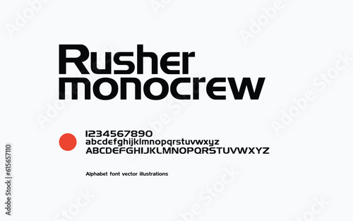 Rusher Monocrew Alphabet abstract alphabet font. typography Creative fashion futuristic font and with numbers. vector illustration