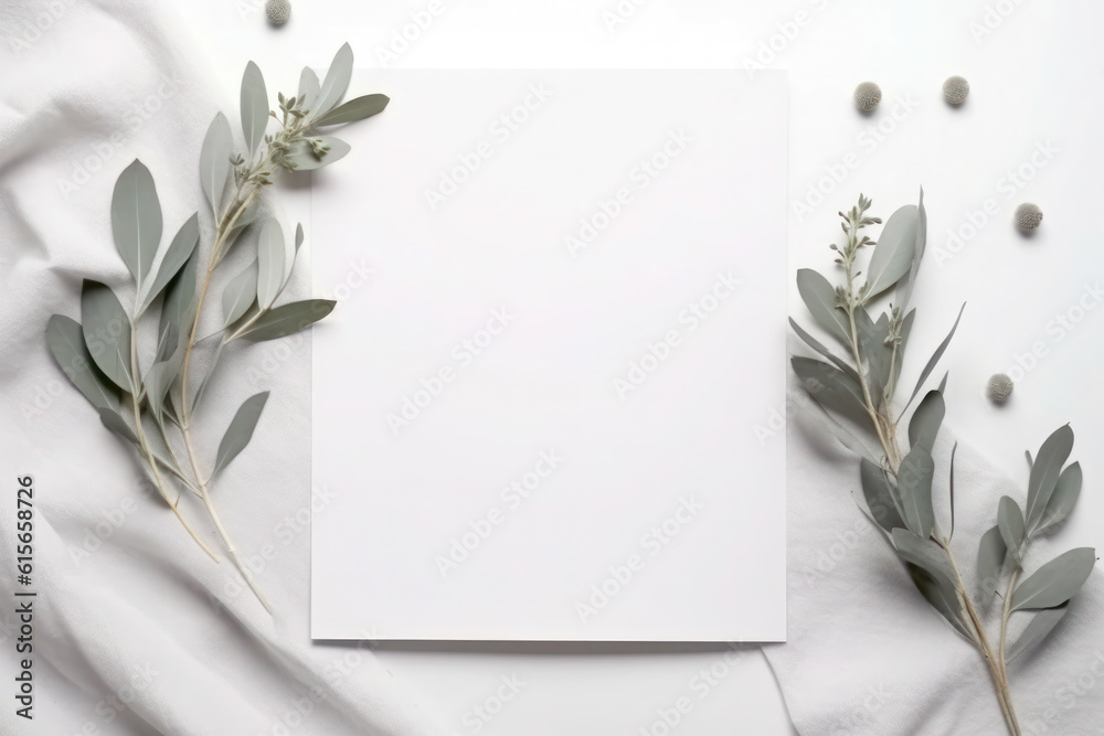 Blank greeting paper card, invitation mockup scene top view with eucalyptus tree branches. Elegant stationery on white table background Blank greeting paper card, invitation mockup scene top view with eucalyptus tree branches. Elegant stationery on white table background