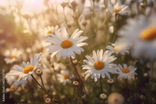 White daisies in the garden. Retro vintage flowers style with soft blurred filter background
