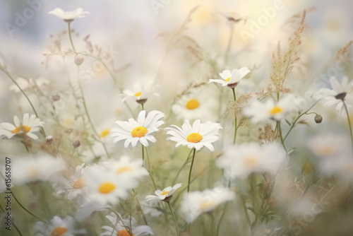White daisies in the garden. Retro vintage flowers style with soft blurred filter background