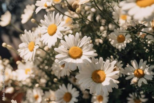 White daisies in the garden. Retro vintage flowers style with soft blurred filter background