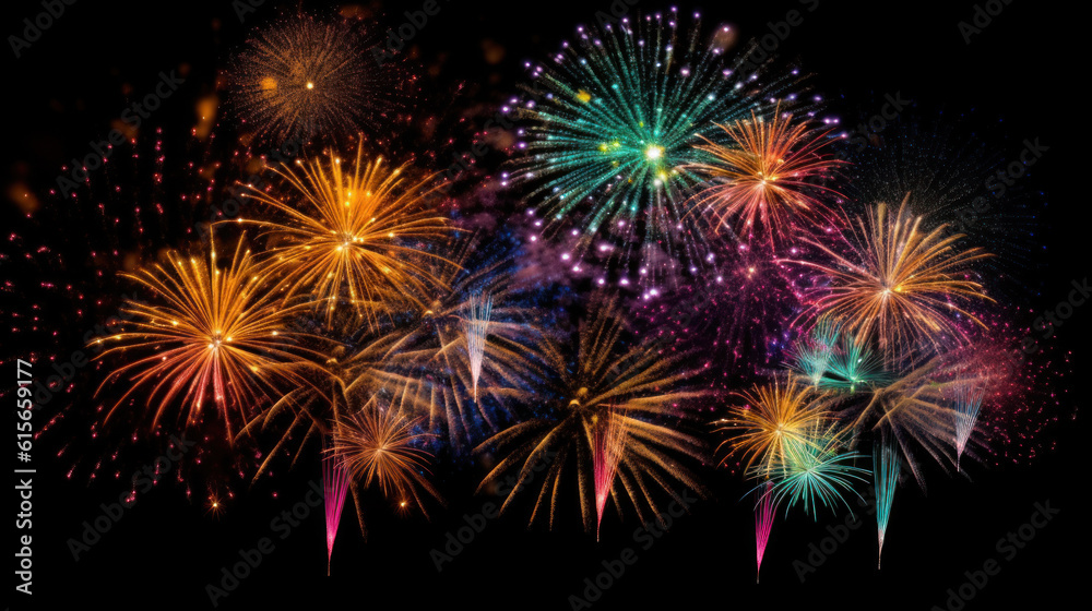 Colorful fireworks of various colors over night sky background. Party Celebration abstract background illustration