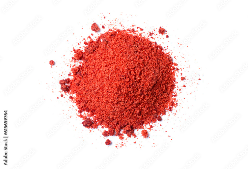 Pile of red powder isolated on white background, top view, flat lay. - obrazy, fototapety, plakaty 
