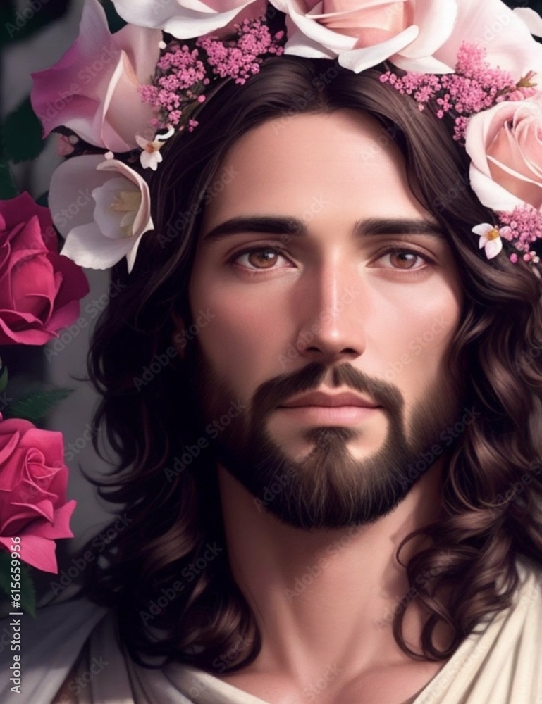 Naklejka premium Sacred Serenity: Jesus Embracing the Rose Flower - Symbol of Love and Devotion