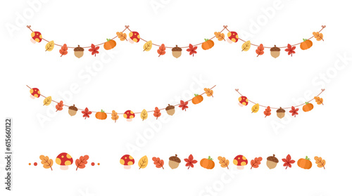 Autumn garlands and borders design elements set. Fall Thanksgiving themed graphics collection. Vector illustration.