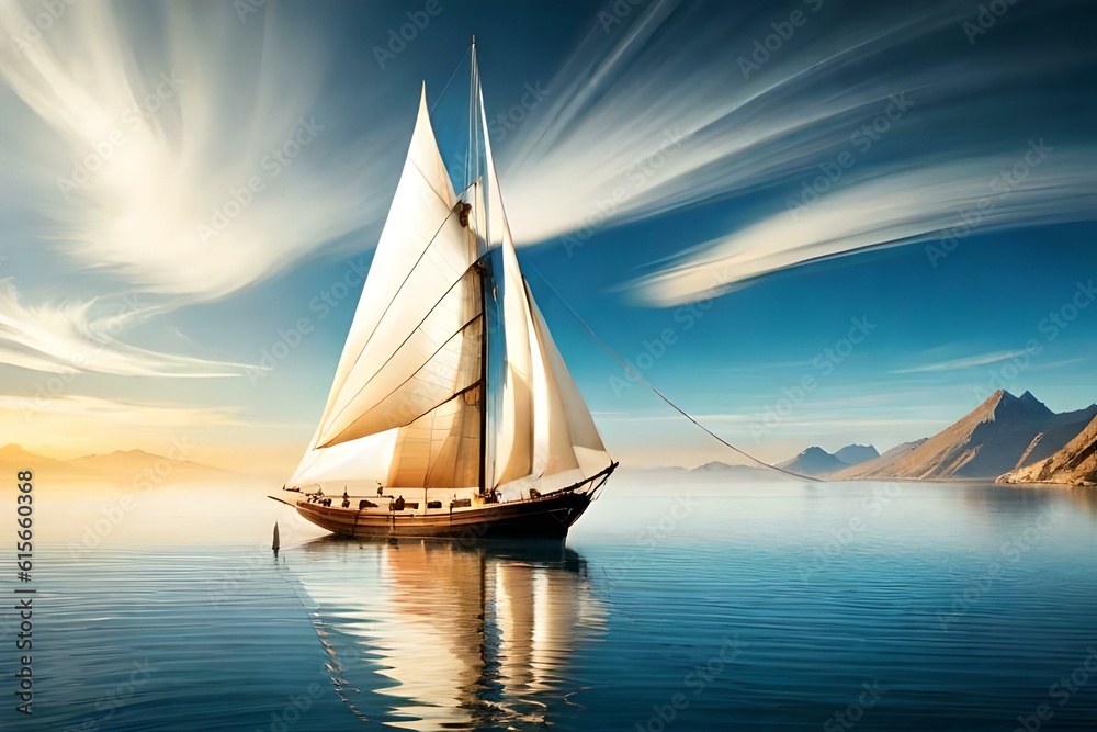 Sailing boat in the middle of the ocean at the time of the sunset