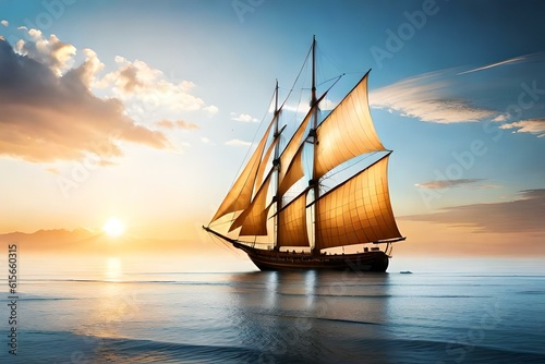 Sailing boat in the middle of the ocean at the time of the sunset