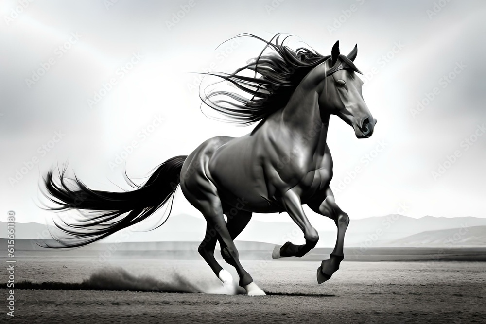 Horse with long hairs on tail running in the desert