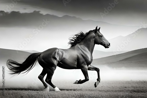 Horse with long hairs on tail running in the desert